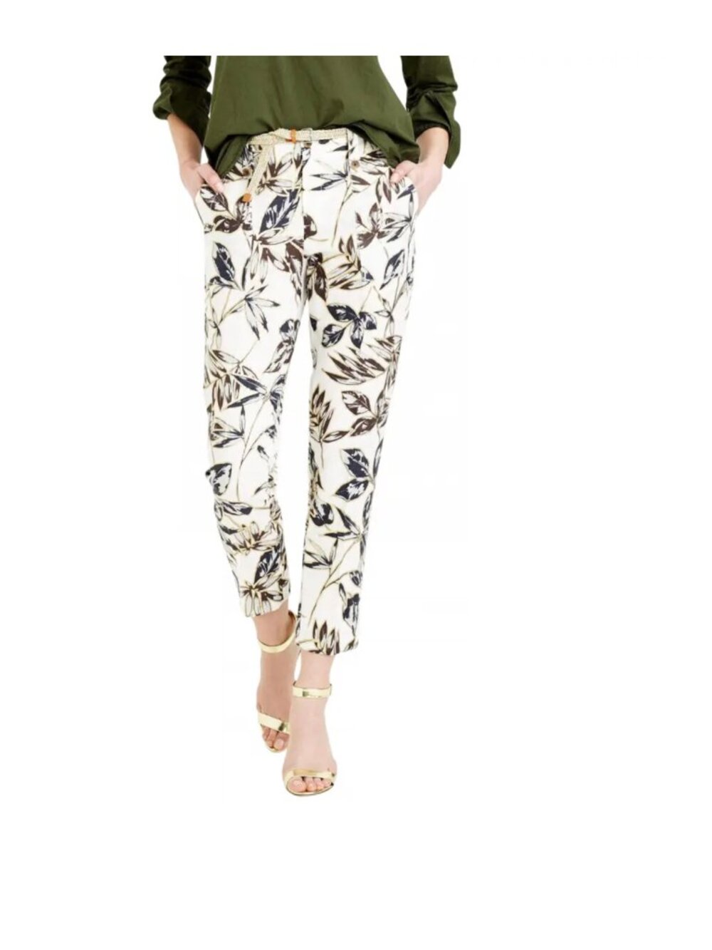 J. Crew linen White Botanical-Print Chinos with Navy & Brown Leaves size 10